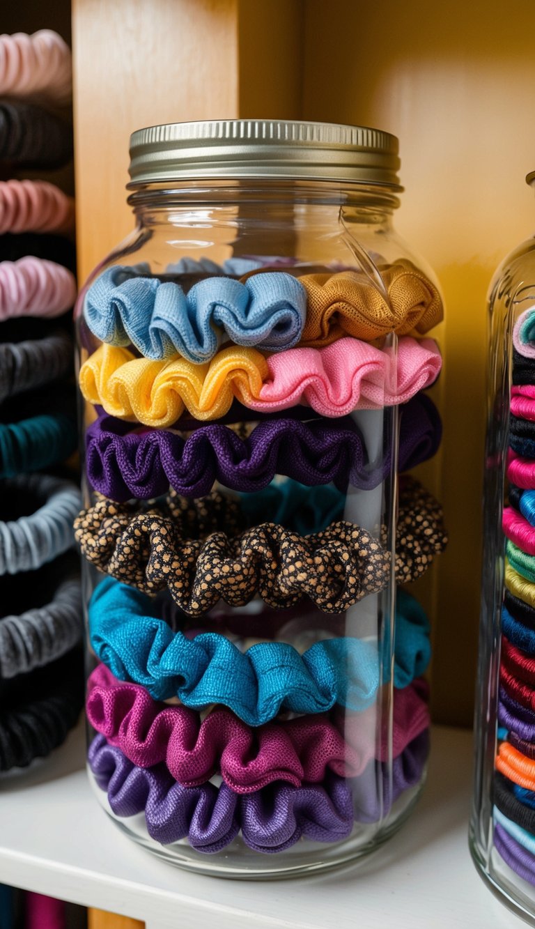 A jar filled with colorful hair ties and scrunchies, arranged in an eye-catching display