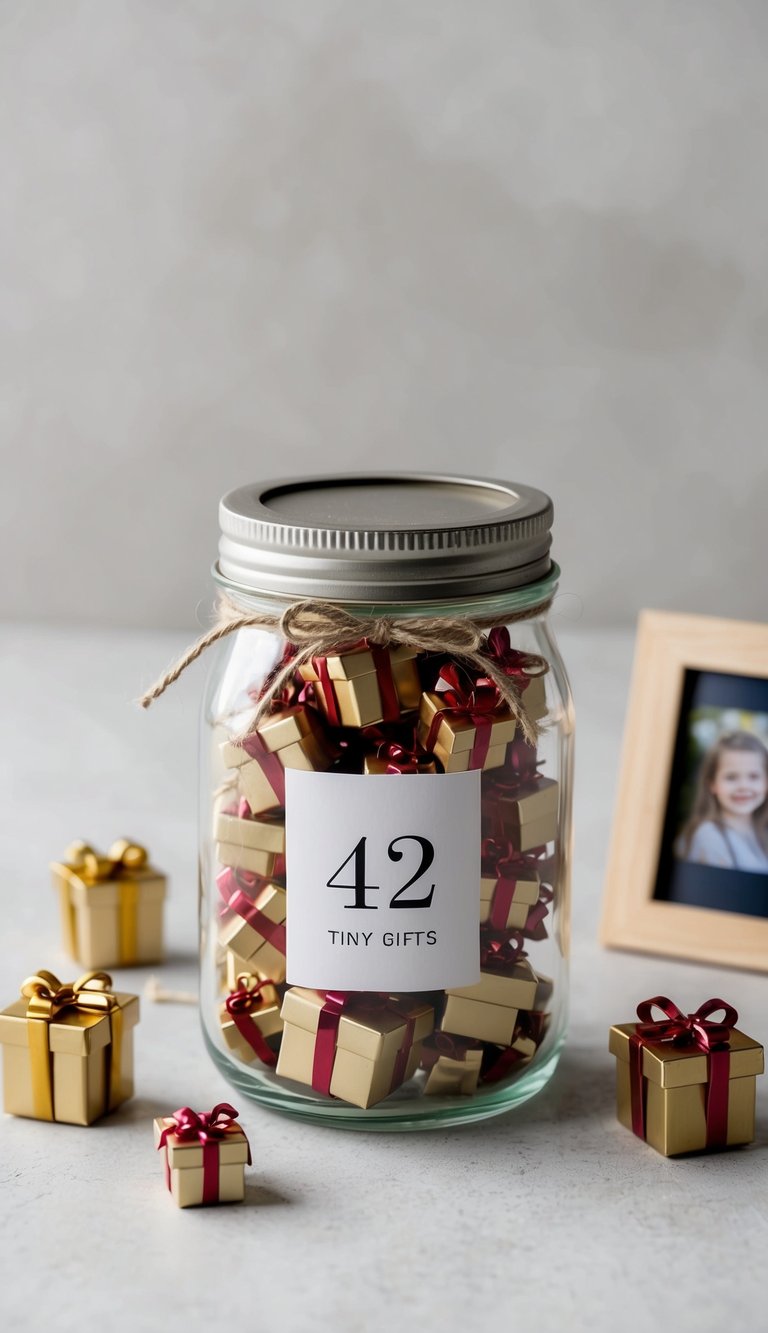 A small glass jar filled with 42 tiny gifts, surrounded by a tiny photo frame