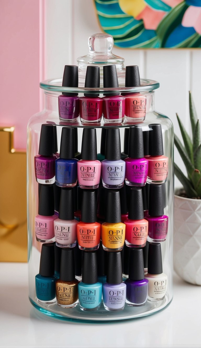 A glass jar filled with 42 OPI Mini nail polish bottles, arranged in a colorful and eye-catching display