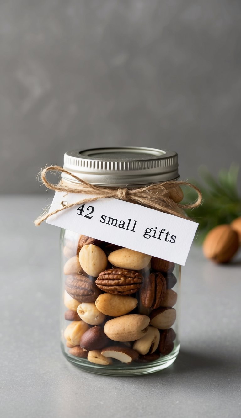 A small glass jar filled with an assortment of nuts, tied with a ribbon and labeled as "42 small gifts."