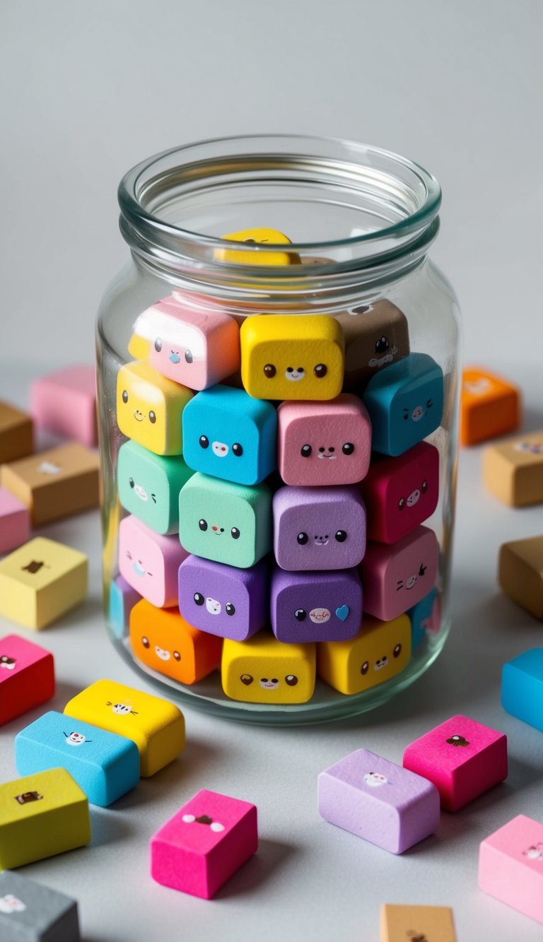 A glass jar filled with 42 colorful and cute erasers, arranged in a playful and thoughtful display