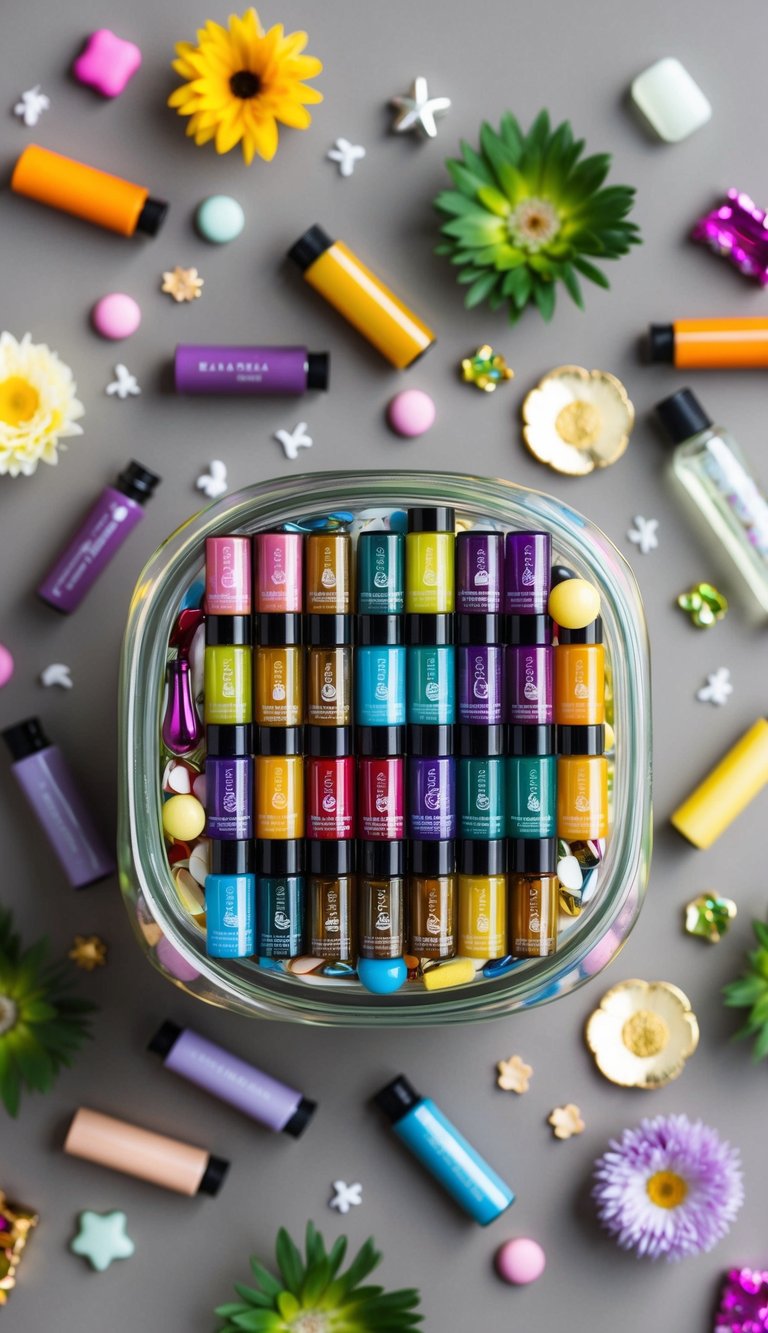 A collection of 42 small essential oil rollers arranged in a jar, surrounded by various tiny gifts like candies, flowers, and trinkets