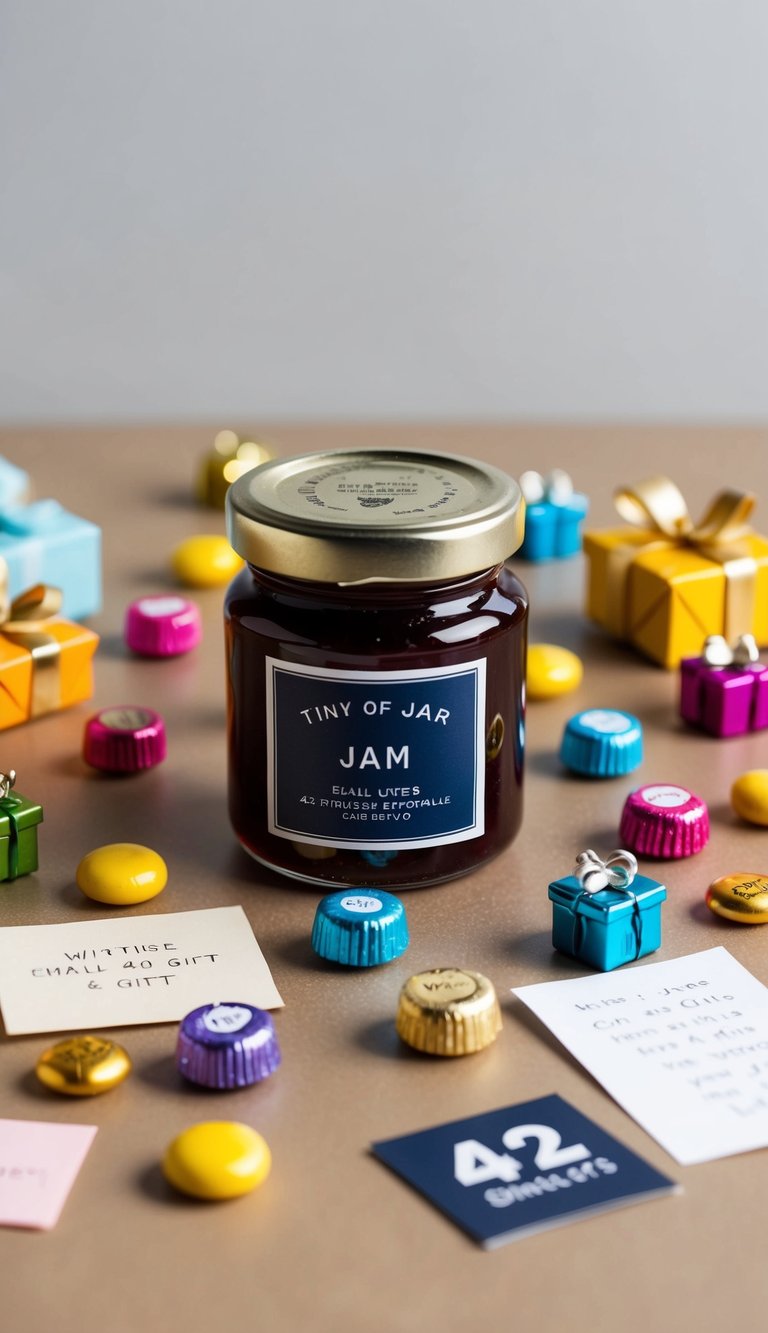 A tiny jar of jam surrounded by 42 small gifts, such as candies, trinkets, and notes, all fitting into the jar as a cute and thoughtful gift