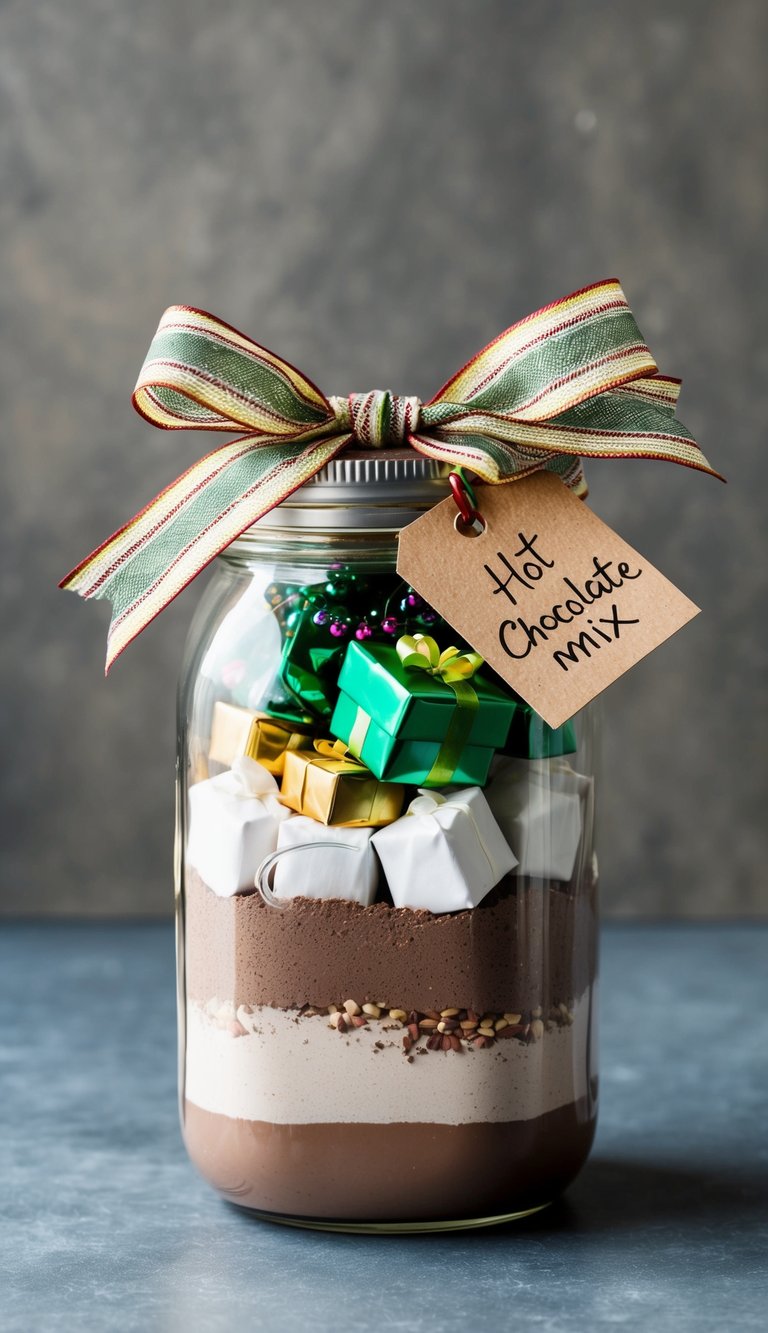 A jar filled with layers of hot chocolate mix and small gifts, topped with a festive ribbon and a handwritten tag