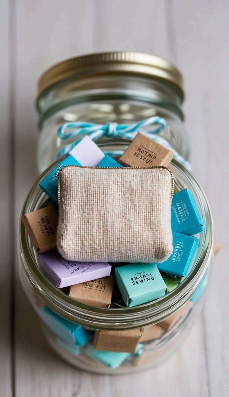 A small sewing kit surrounded by 42 tiny gifts, all fitting snugly into a jar, creating a cute and thoughtful gift