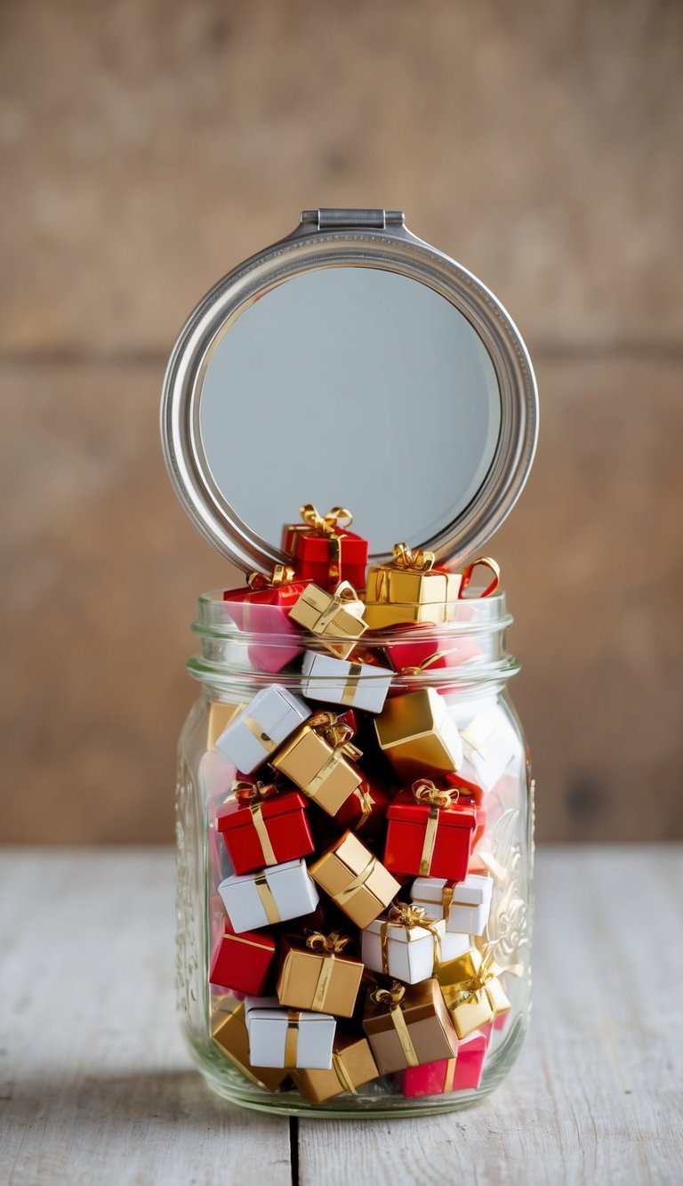 A pocket-sized mirror reflecting 42 small gifts spilling out of a jar