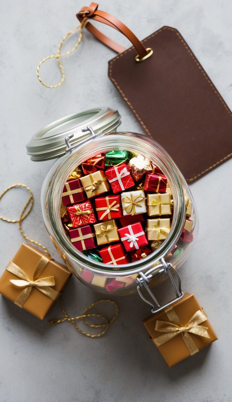 A jar filled with 42 small gifts, surrounded by a luggage tag