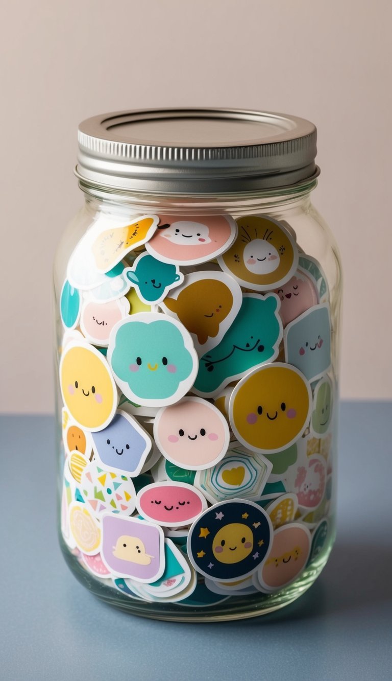 A glass jar filled with 42 colorful and cute stickers of various shapes and sizes, arranged in a charming and thoughtful gift display