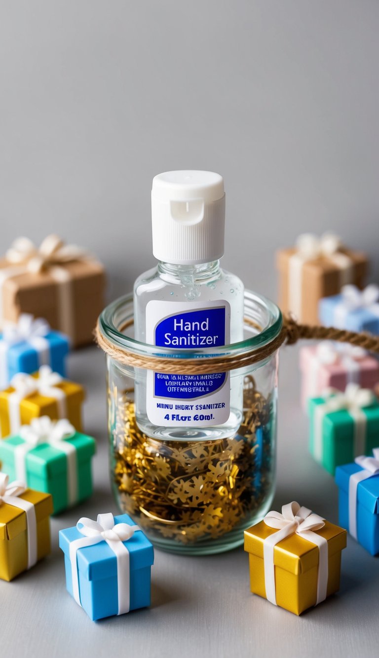 A mini bottle of hand sanitizer surrounded by 42 small gifts in a jar, ready to be given as a cute and thoughtful gift