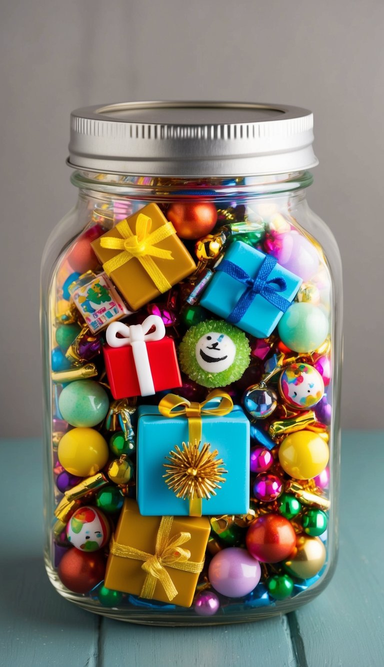 42 tiny gifts arranged in a jar, including candies, trinkets, and small toys, creating a colorful and charming display