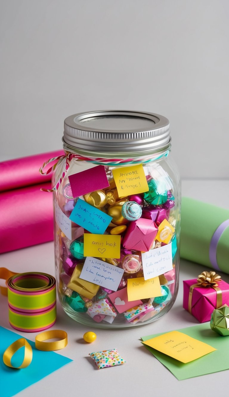 A clear glass jar filled with tiny gifts such as candies, notes, and trinkets, surrounded by colorful wrapping paper and ribbons