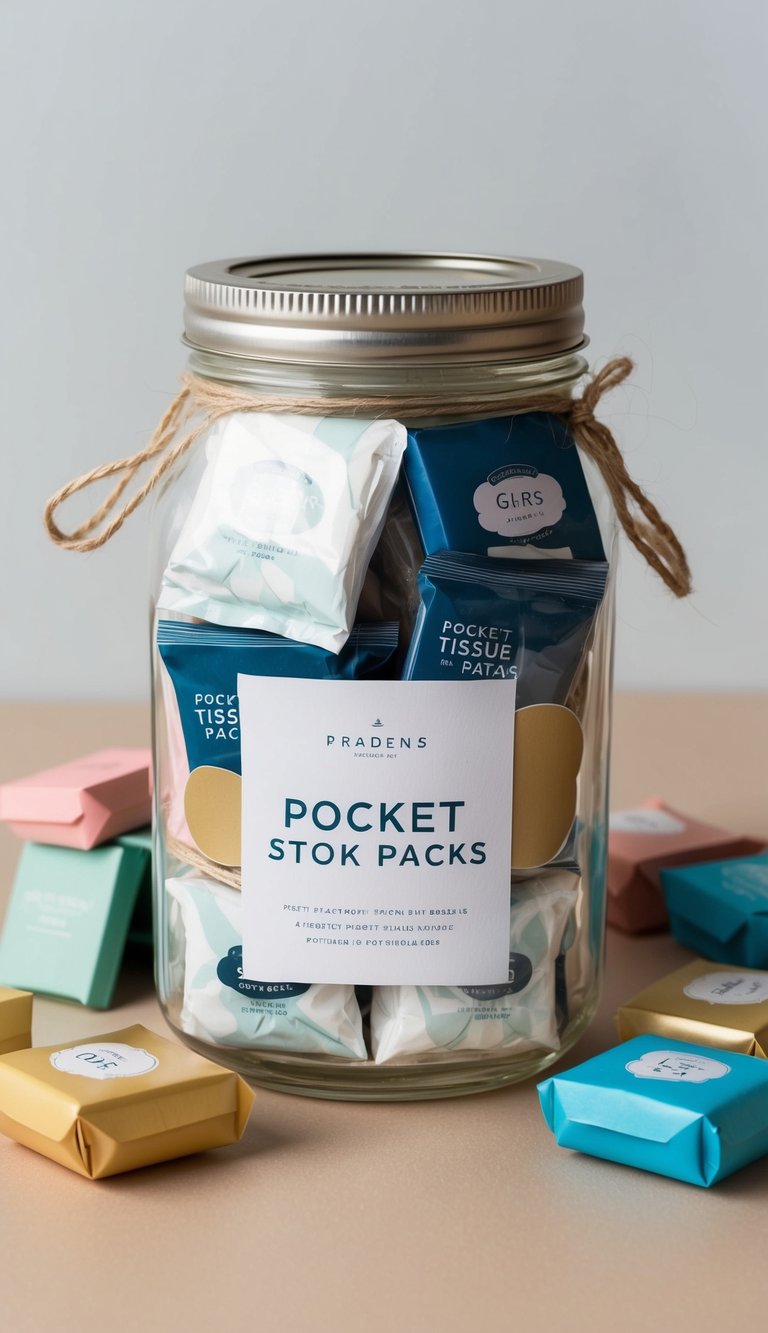 A jar filled with pocket-sized tissue packs and other small gifts, arranged in a cute and thoughtful display