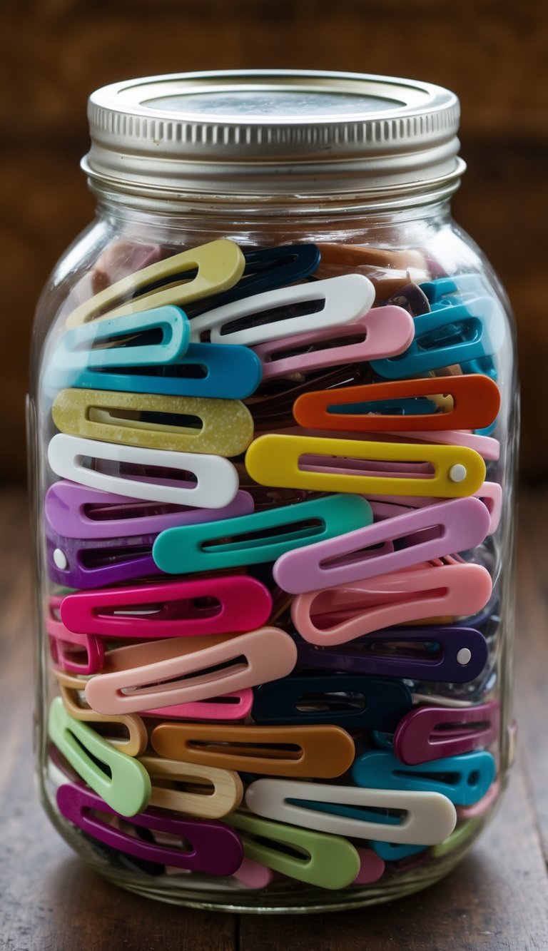 A jar filled with 42 hair clips of various colors and designs, arranged in a visually appealing and thoughtful manner