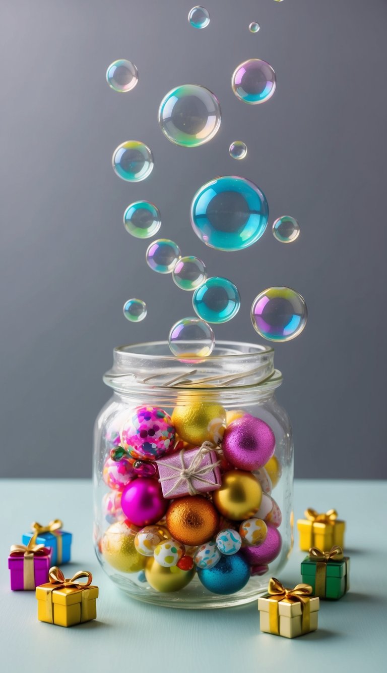 A small glass jar filled with colorful bubbles and 42 tiny gifts, such as candies and trinkets, arranged in a charming and thoughtful display