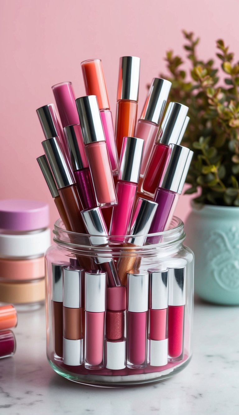 A jar filled with 42 colorful lip glosses, arranged in a cute and thoughtful display