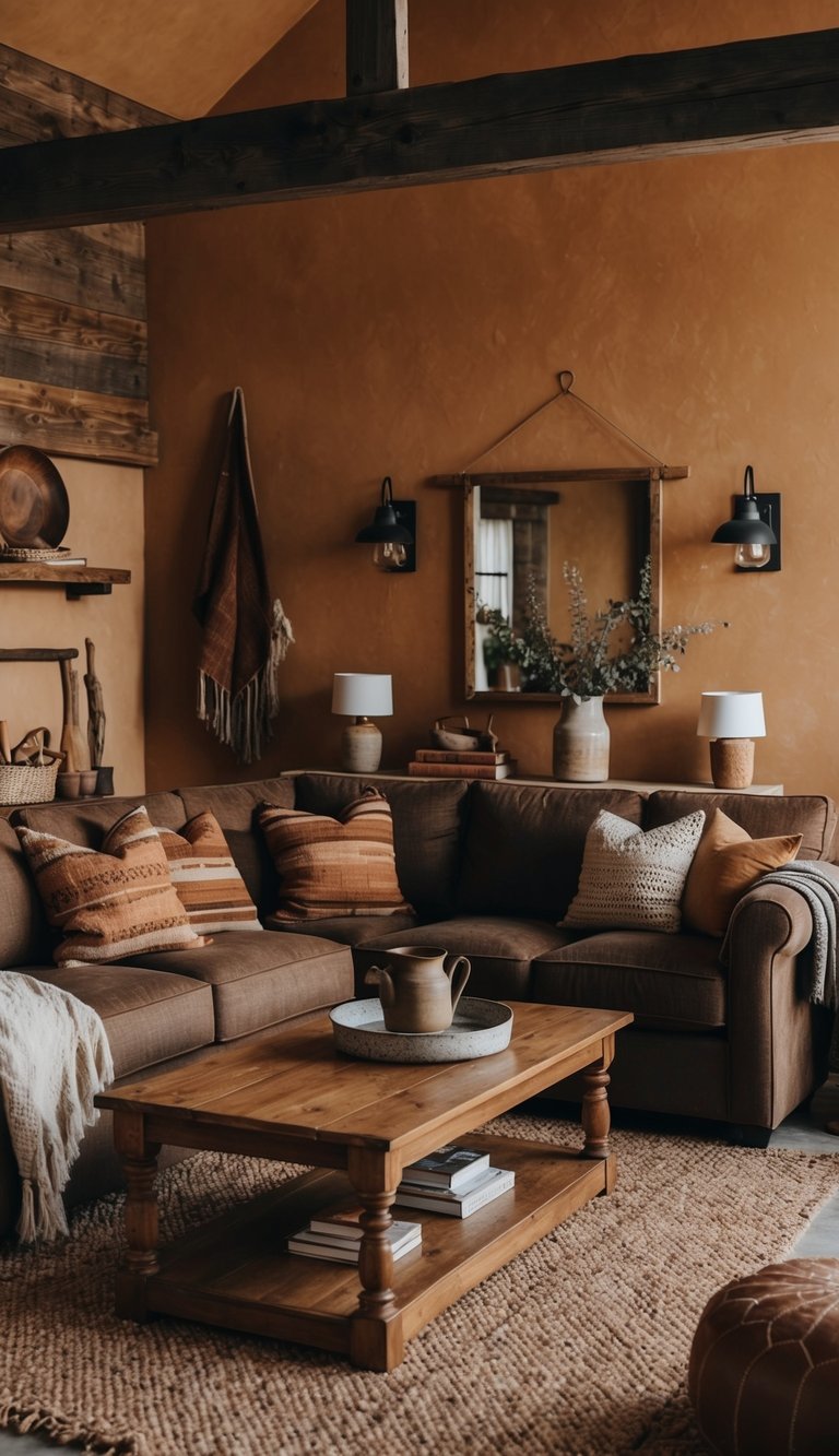 A cozy living room with warm earthy tones, low lighting, and rustic decor