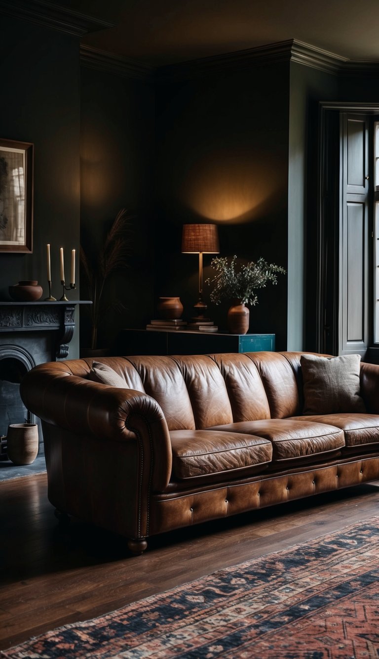 A vintage leather sofa sits in a dark, earthy style living room. Rich colors and textures create a cozy, inviting atmosphere