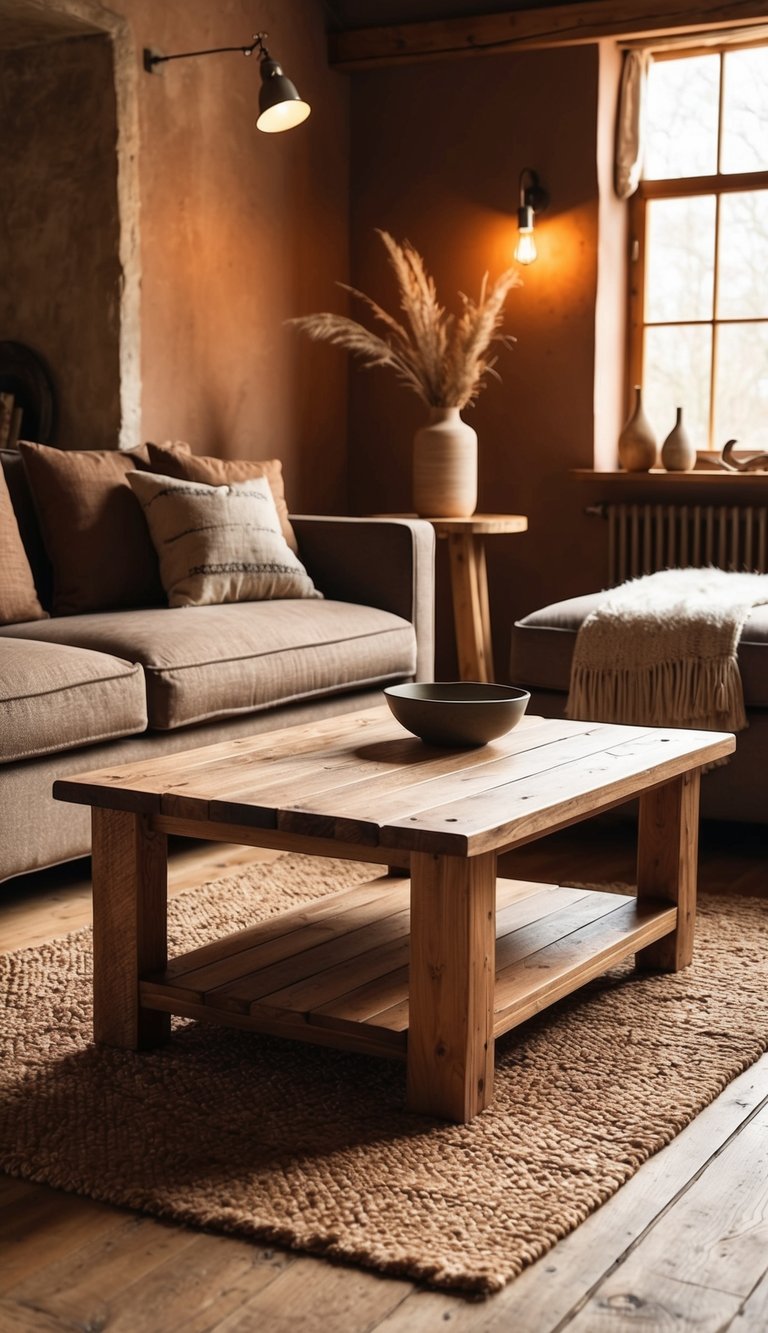 A reclaimed wood coffee table sits in a cozy, earthy living room with warm lighting and natural textures