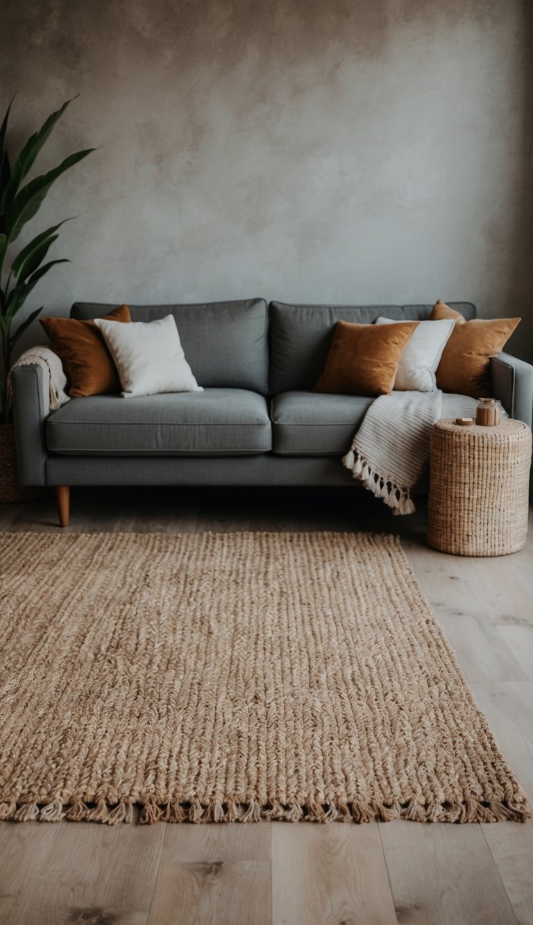 A cozy living room with a woven jute rug, earthy tones, and natural textures