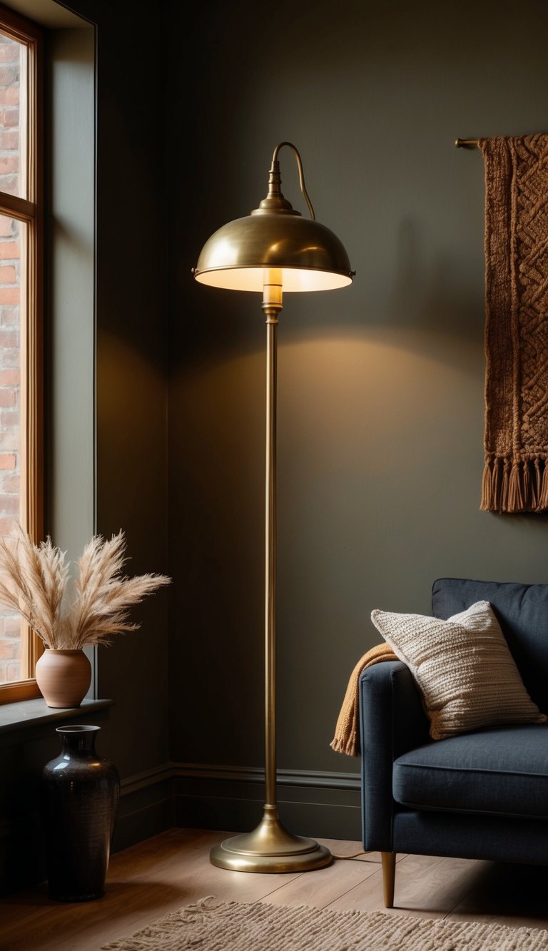 A brass floor lamp illuminates a cozy, dark earthy style living room