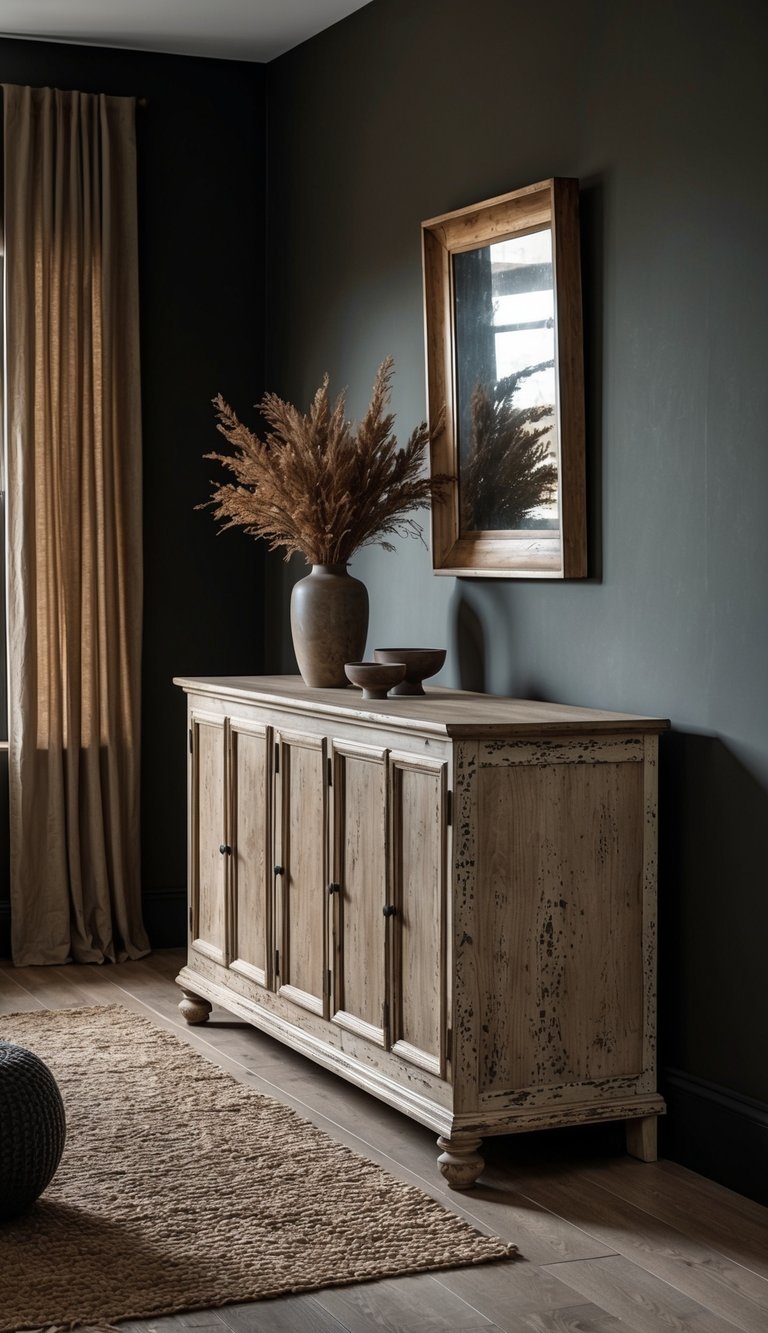 A distressed sideboard sits in a dark, earthy style living room