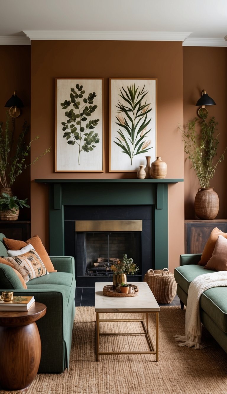 A cozy living room with earthy tones and botanical wall art