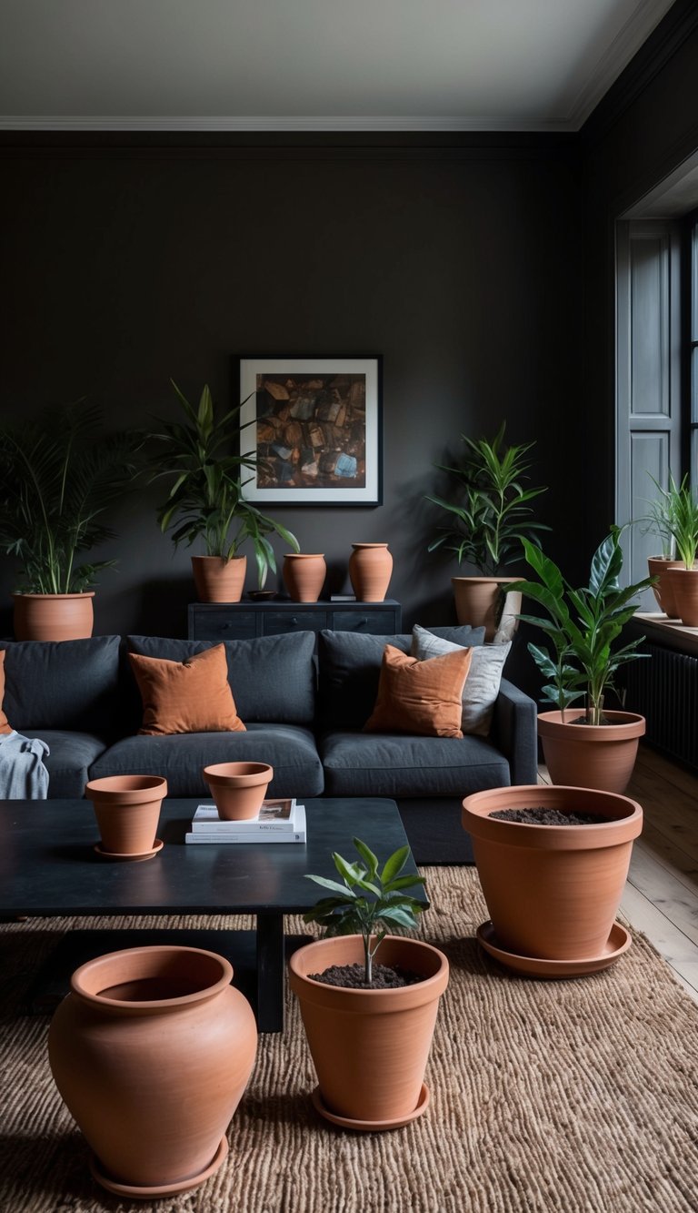 Dark earthy living rooms filled with terracotta plant pots