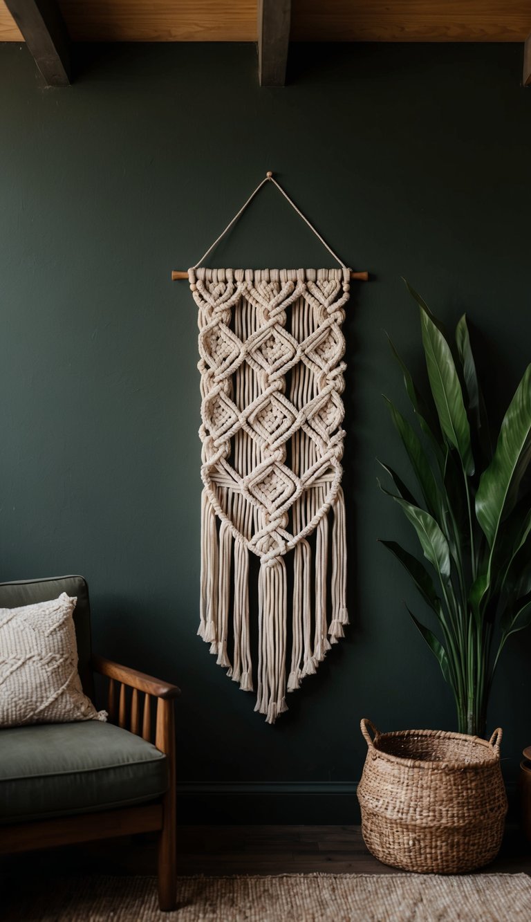 A macramé wall hanging adorns a cozy, dark and earthy living room