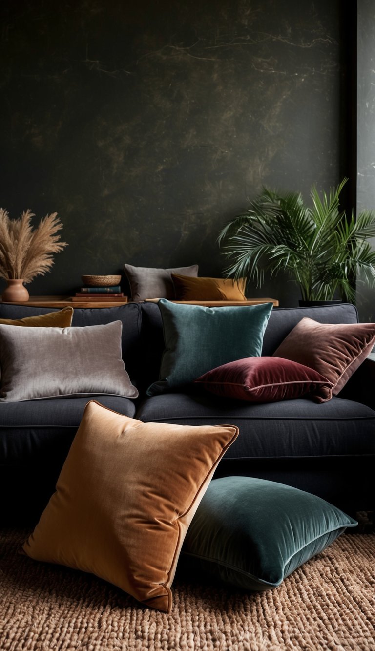 A cozy living room filled with dark earthy tones, adorned with plush velvet throw pillows in various shades