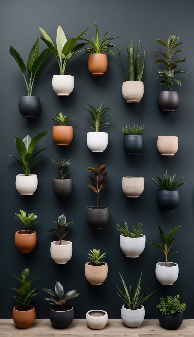 A collection of stoneware planters arranged in 22 dark, earthy style living rooms