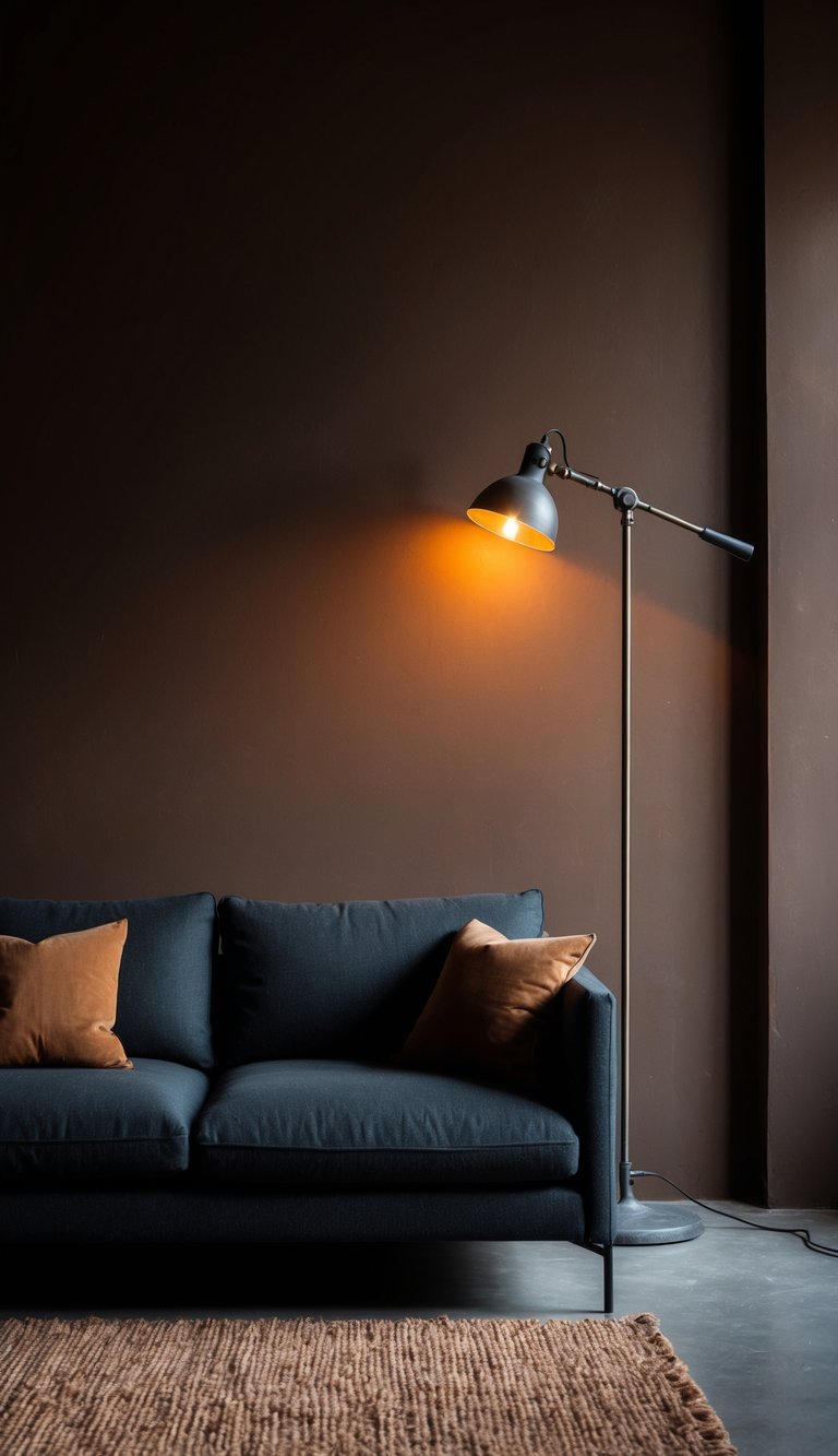 A dark, earthy living room with an industrial floor lamp casting a warm glow