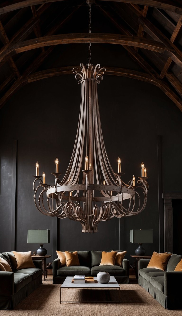 A grand wrought iron chandelier hangs in a dark, earthy styled living room