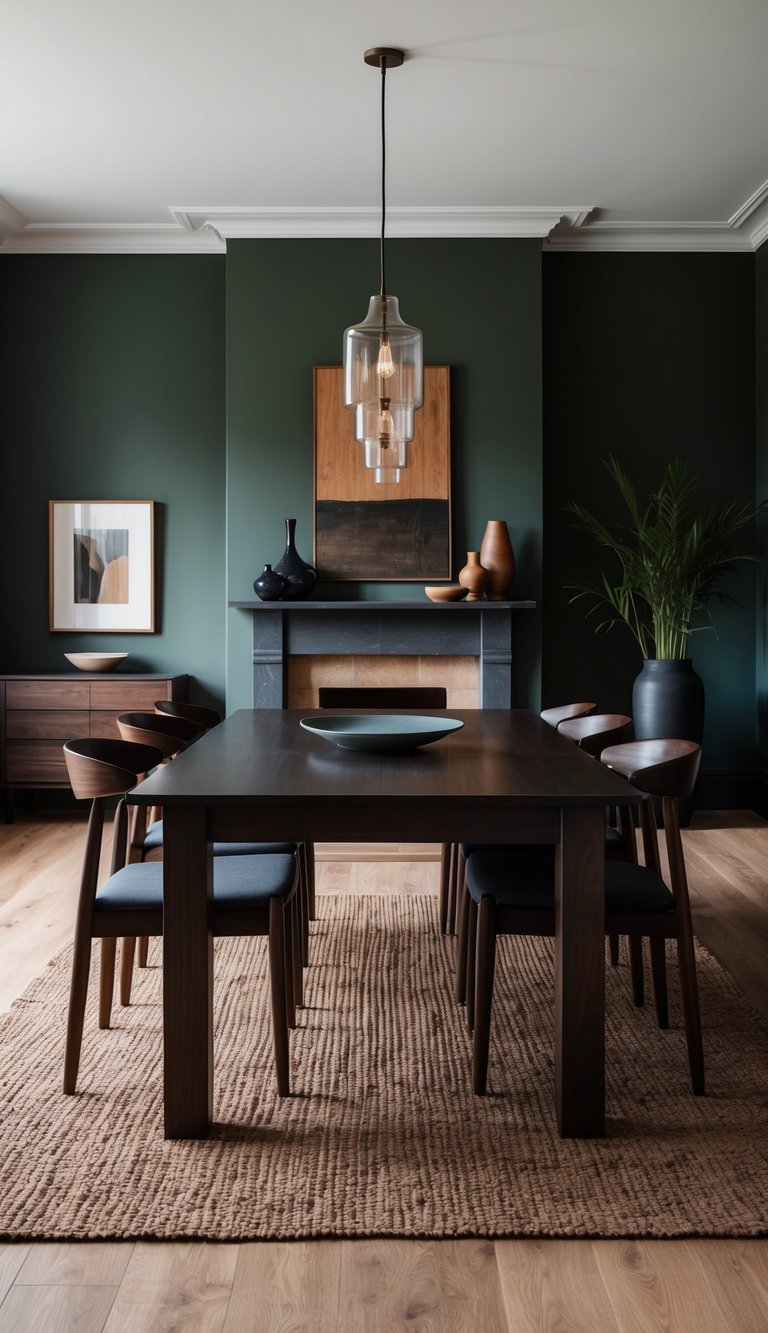 A dark oak dining table surrounded by 22 dark, earthy style living rooms