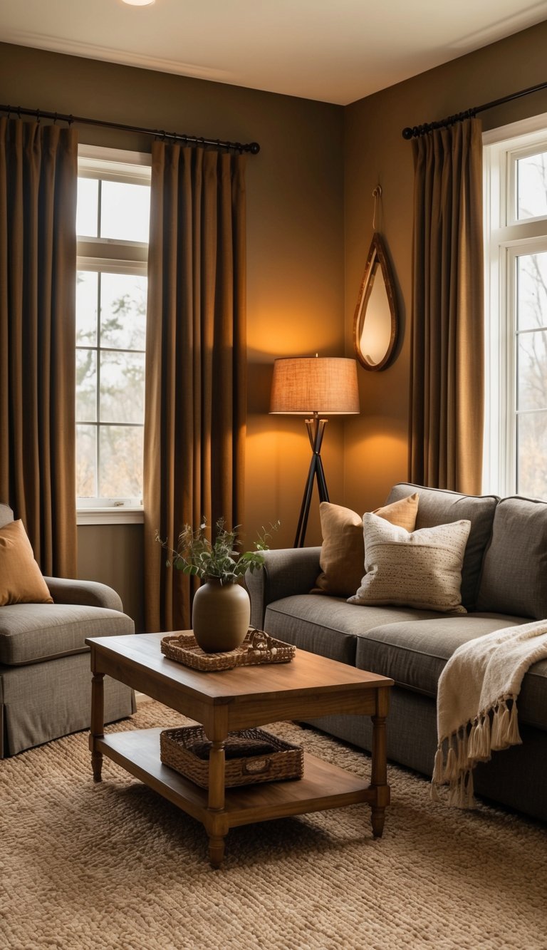 A cozy living room with earth-toned curtains, warm lighting, and earthy decor