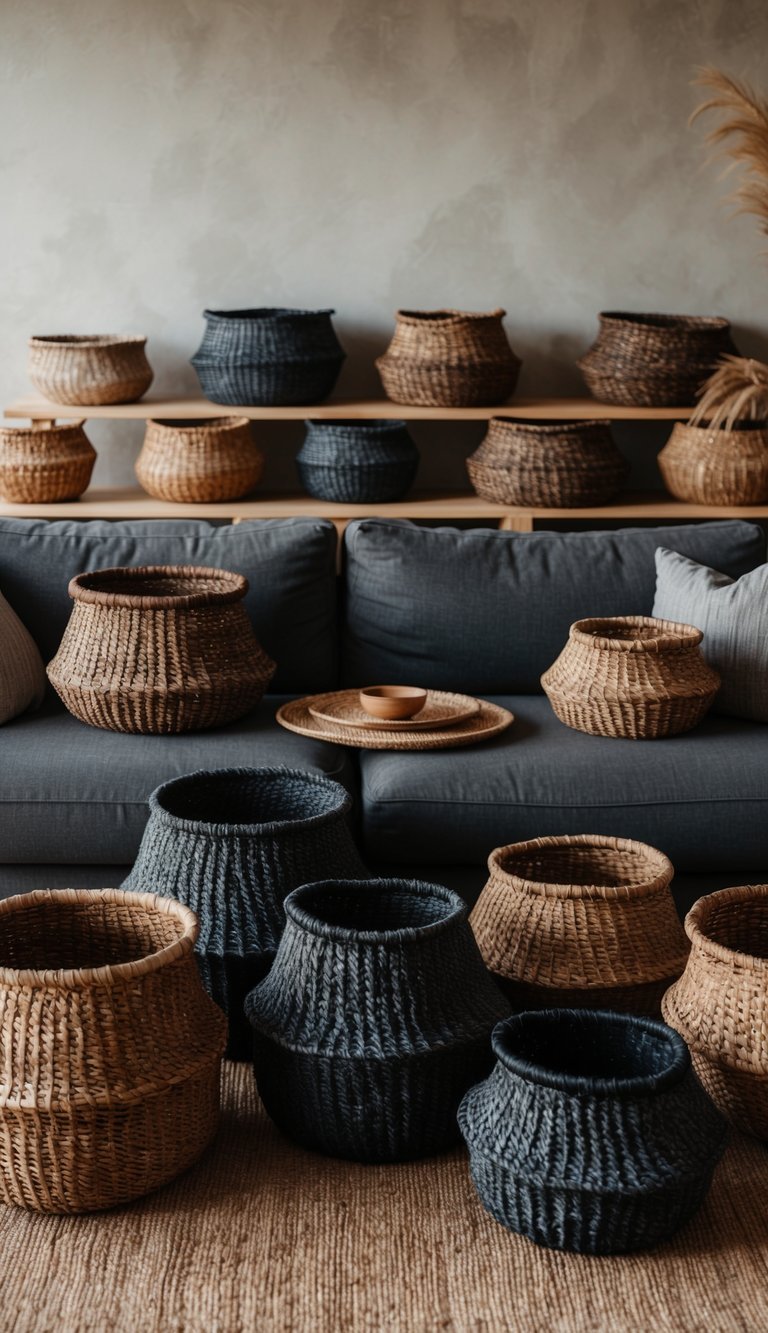 A cozy living room filled with 22 natural fiber baskets in dark earthy tones, adding warmth and texture to the space