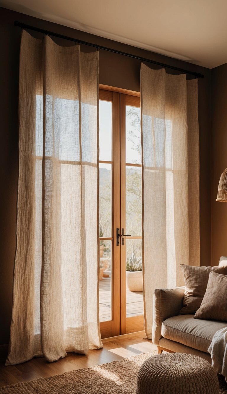 Sunlight filters through textured linen curtains in a cozy, earthy living room with warm tones and natural materials