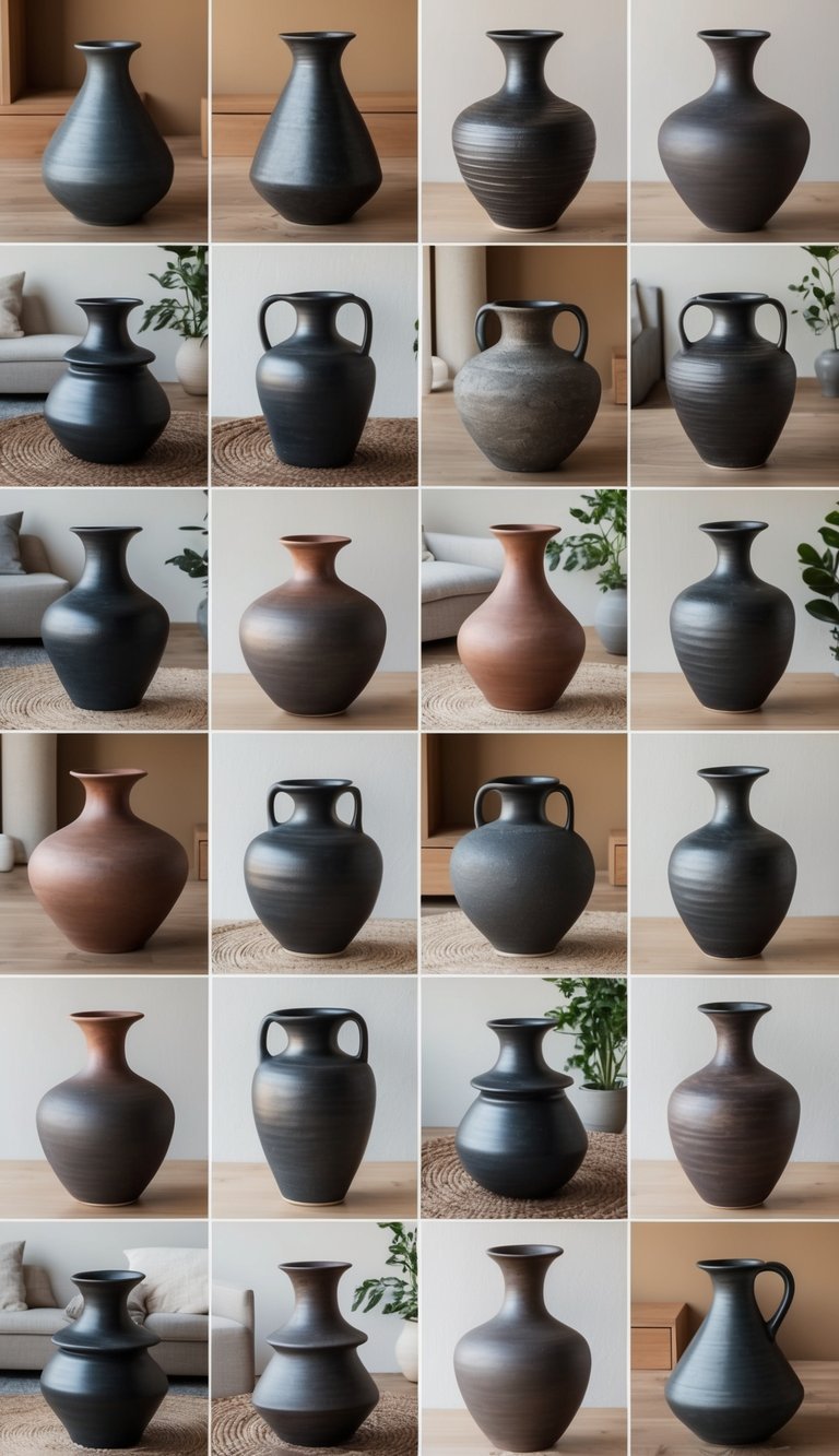 A collection of 22 dark, earthy style handmade pottery vases displayed in various living rooms