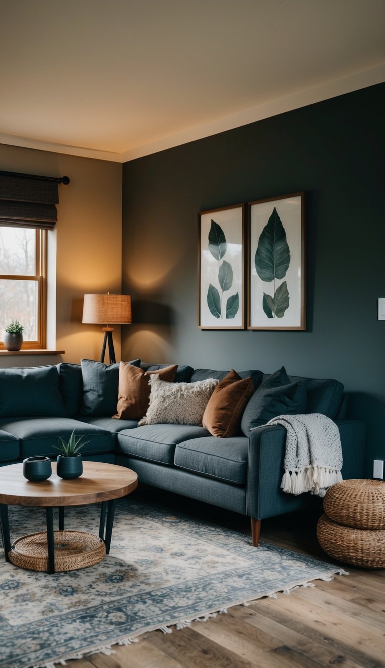 A cozy living room with a slate gray accent wall, dark earthy tones, and warm lighting