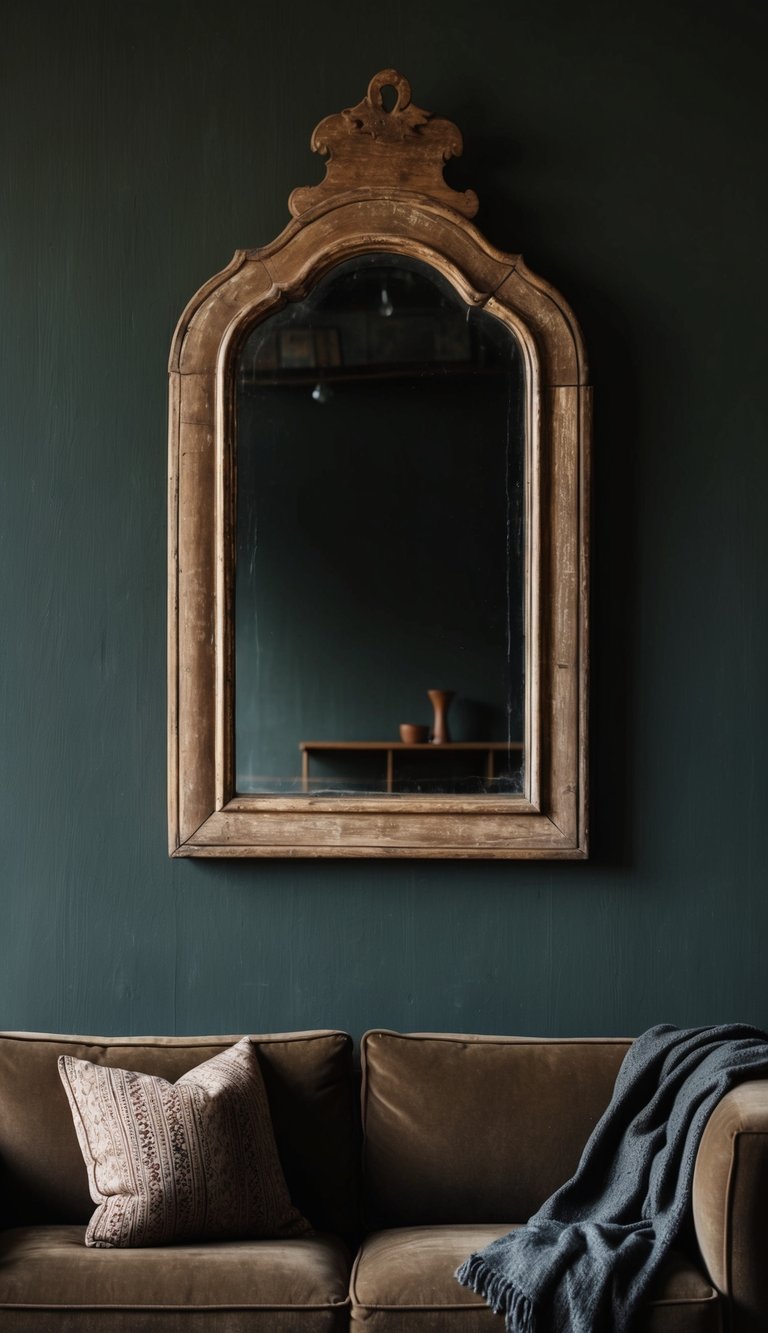 An antique mirror hangs in a dark, earthy-styled living room