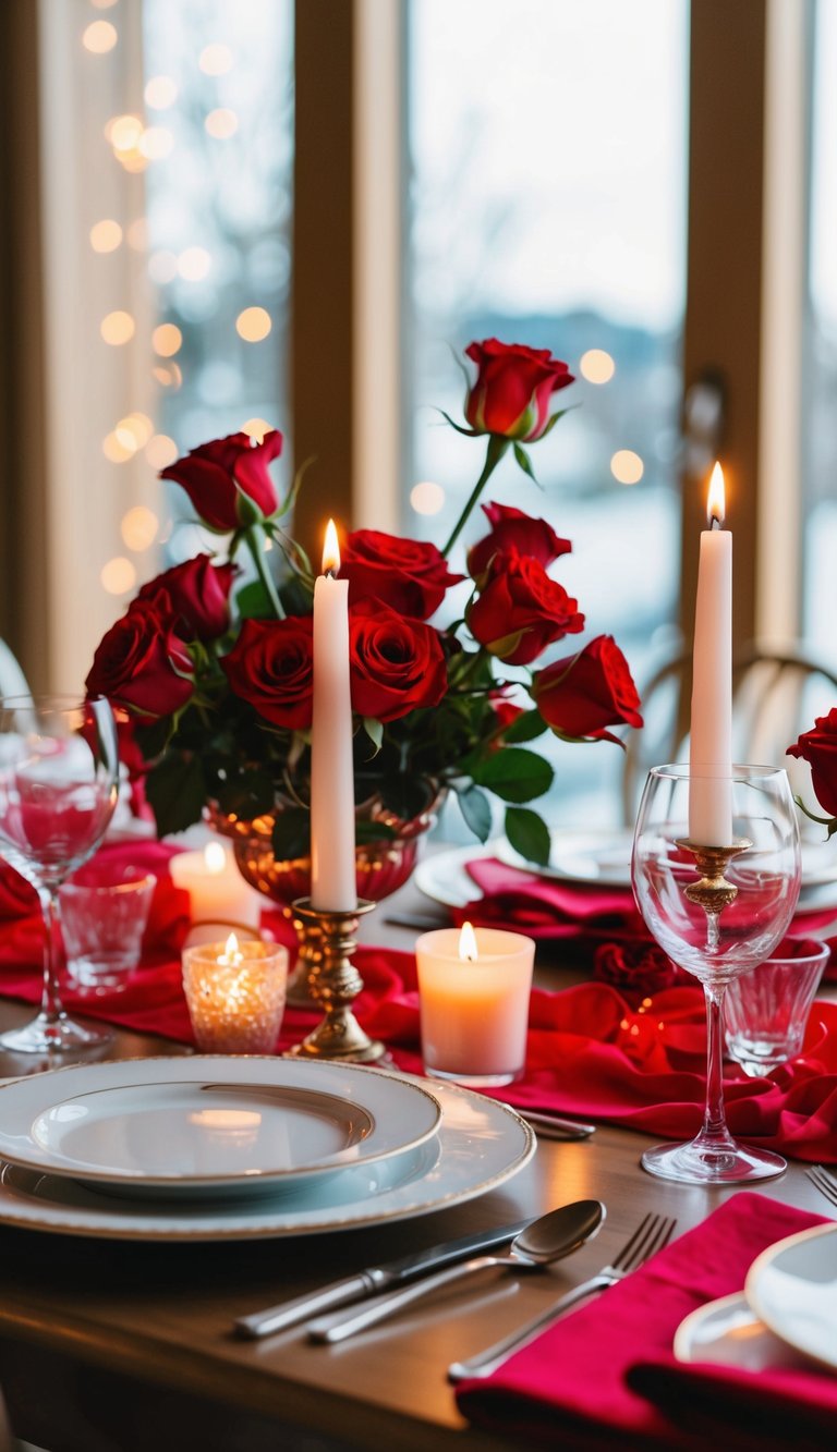 A dining table set with red roses, flickering candles, and elegant dinnerware for a romantic Valentine's Day