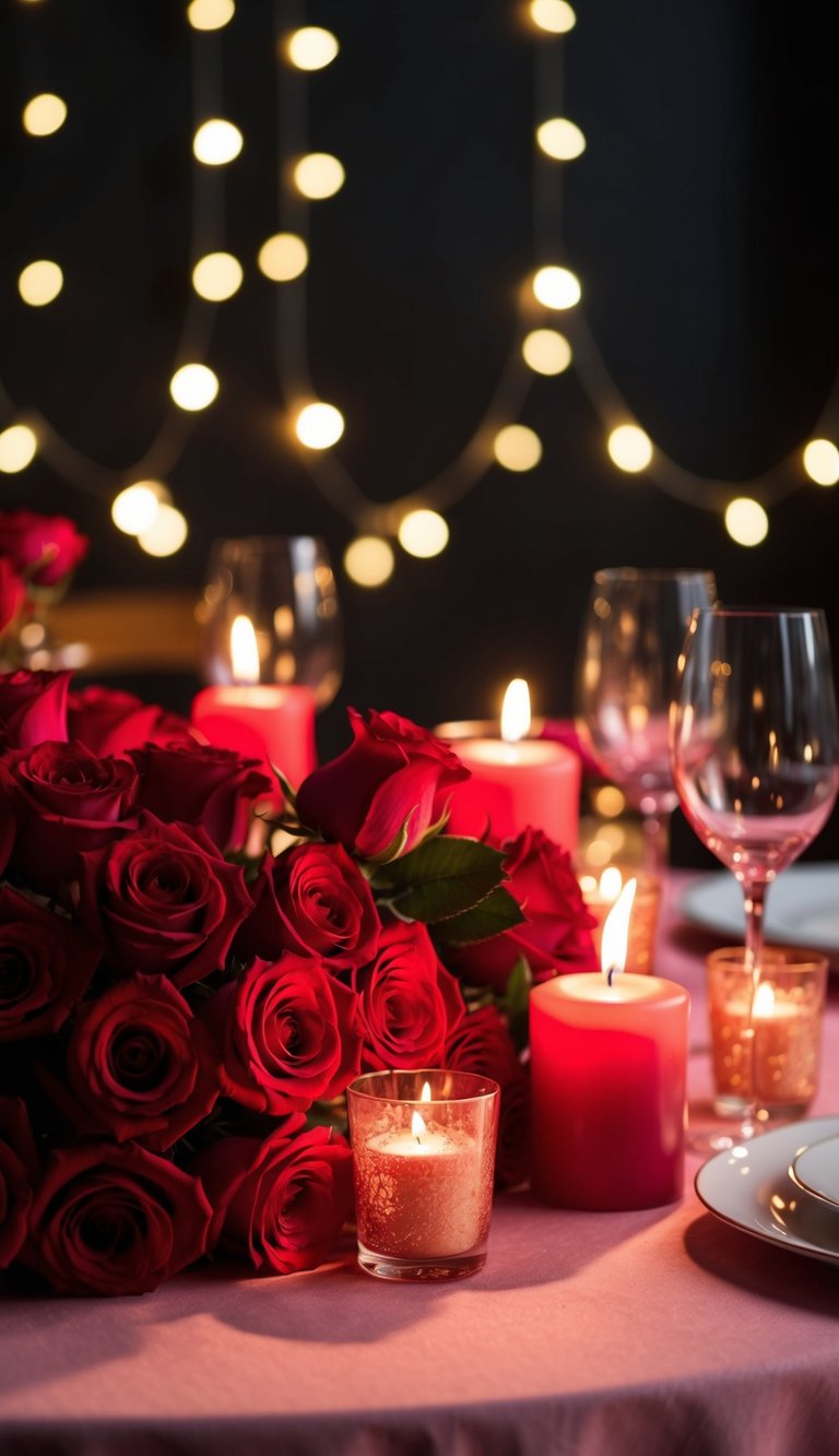 A dimly lit dining table adorned with red roses, flickering candles, and soft pink tablecloth creates a romantic ambiance for Valentine's Day