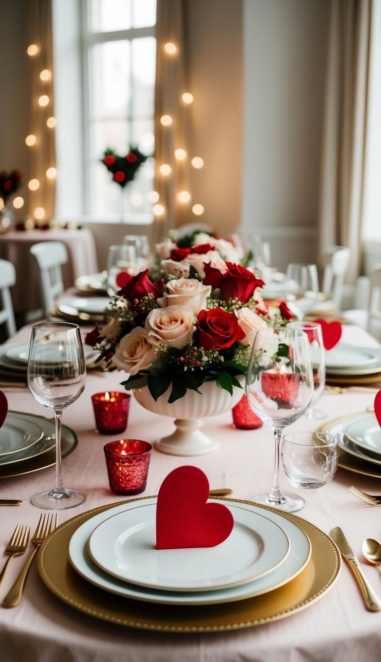 A dining table set with elegant tableware and place settings for a romantic Valentine's Day dinner