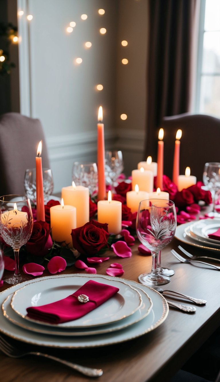 A dining table adorned with candles, rose petals, and fine china for a romantic Valentine's Day