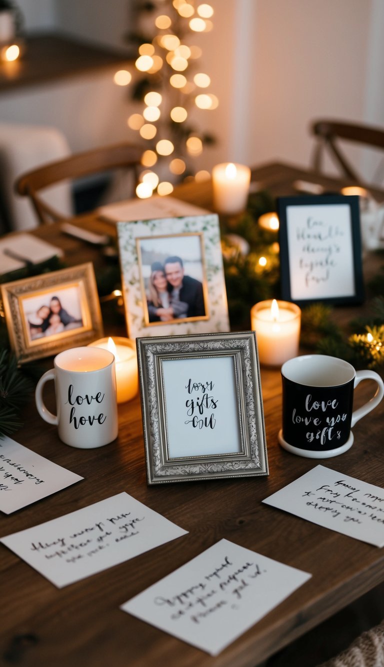 A table filled with handmade gifts like photo frames, personalized mugs, and handwritten love notes. A cozy atmosphere with candles and soft lighting