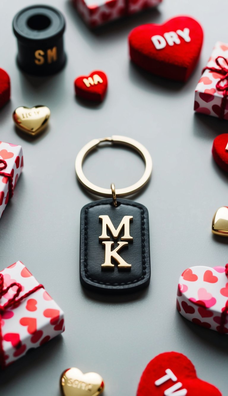 A handcrafted keychain with personalized initials surrounded by DIY Valentine's Day gifts for him