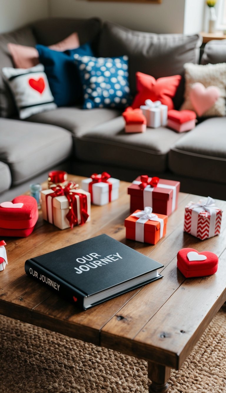 A cozy living room with a rustic coffee table adorned with a photo album titled "Our Journey" and various DIY Valentine's Day gifts for him scattered around