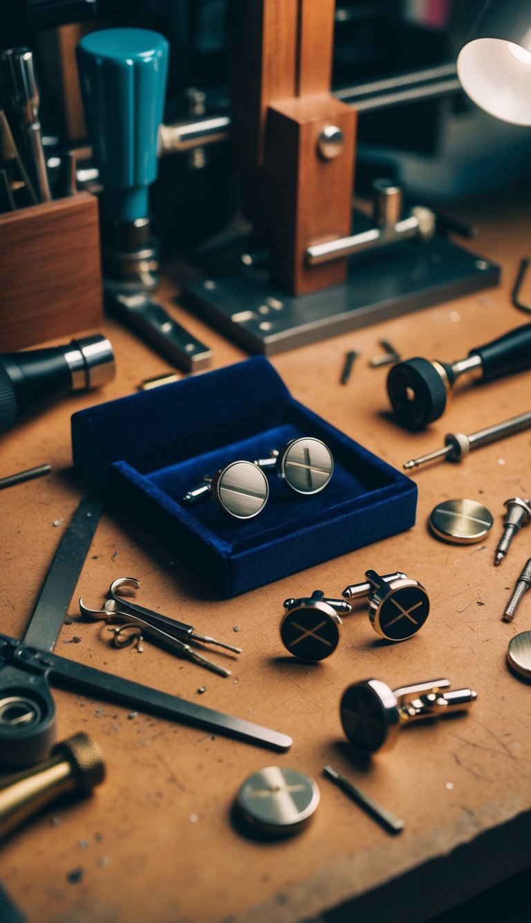 A workbench scattered with tools and materials for making engraved cufflinks. A pair of finished cufflinks sits on a velvet display pad