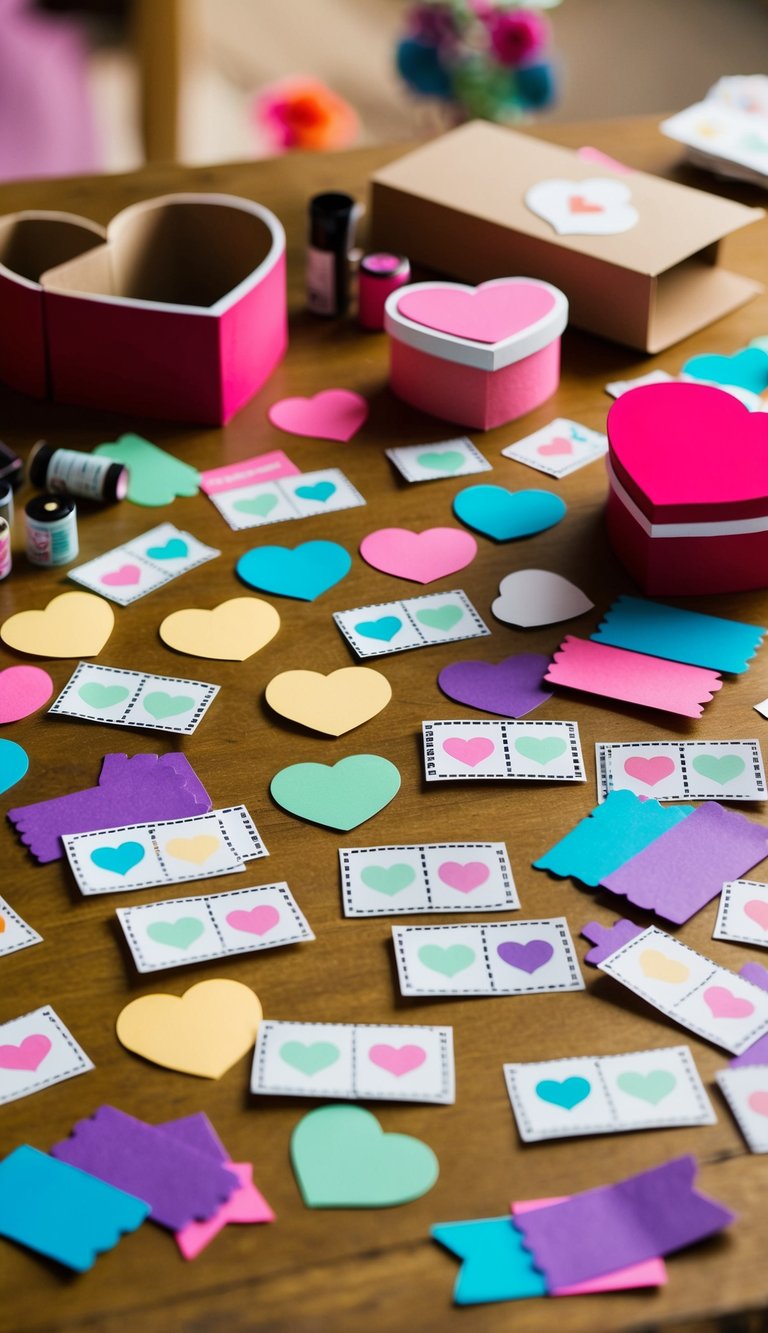 A table scattered with colorful, handmade love coupons, surrounded by craft supplies and a heart-shaped box