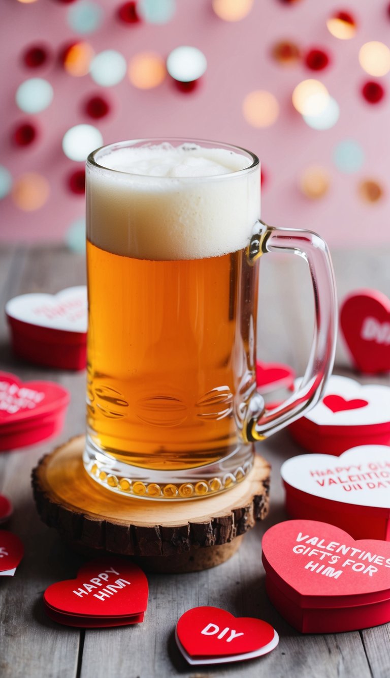 A handcrafted beer mug surrounded by DIY Valentine's Day gifts for him