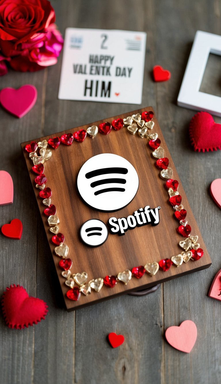 A handcrafted wooden plaque with a Spotify code, surrounded by romantic decorations and symbols, ready to be given as a thoughtful DIY Valentine's Day gift for him